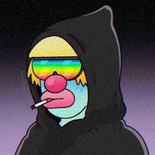A stylized, cartoonish portrait of a hooded figure wearing reflective sunglasses and holding a cigarette, rendered with colorful shading and a grainy texture.