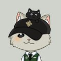 A digital illustration of a white cat wearing a black cap with a small black cat on top, dressed in a white shirt and green tie.