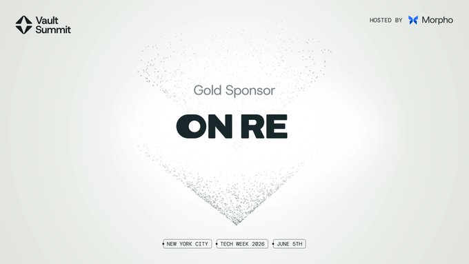 The image features a white background with black text that reads "On Re" at the top of the screen. Below this, there are three bullet points providing information about the event. The first bullet point states that the reinsurer has been approved by the Bermuda Monetary Authority under both the Digital Asset Business Act and the Insurance Act. The second bullet point mentions that OnRe brings real-world premium income onchain as composable, yield-bearing collateral across DeFi. The third bullet point highlights that this event is being sponsored by Vault Summit NYC and host Morpo.