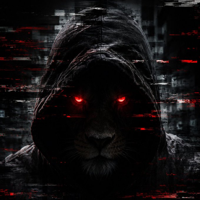 A dark, glitch-art style image of a hooded lion with glowing red eyes surrounded by red and black digital distortion effects.
