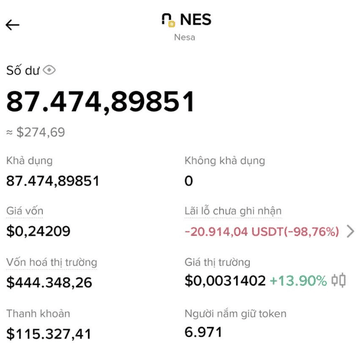 A Vietnamese-language mobile app screen showing 'NES Nesa' token portfolio data with a balance of 87.47489851 (~$274.69), cost $0.24209, and an unrealized loss of -20,914.04 USDT (-98.76%).