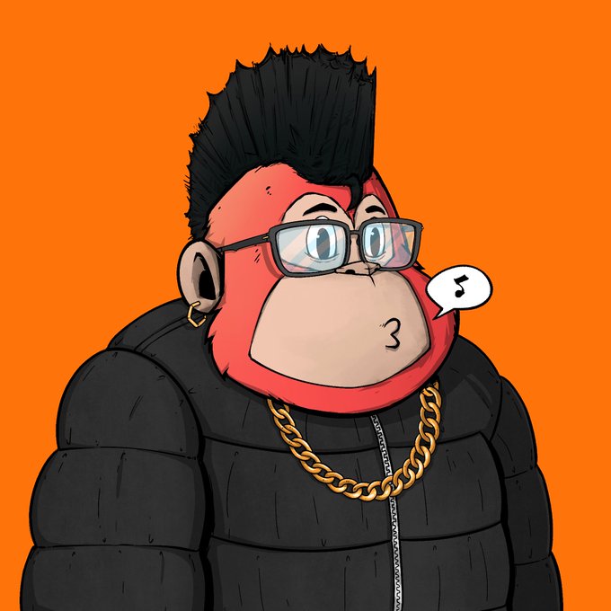 A cartoon illustration of a gorilla character with a red face, spiky black hair, glasses, a black puffer jacket, and a gold chain, with a small music note speech bubble.