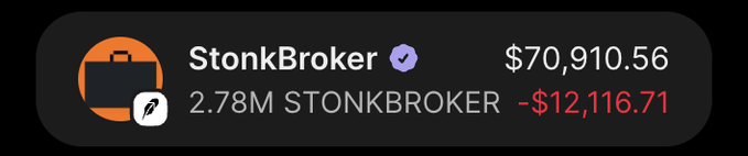 The image shows a crypto wallet display for "StonkBroker" with a verified checkmark, a current price of $70,910.56, and a holding of 2.78M STONKBROKER tokens showing an unrealized loss of -$12,116.71 in red. This visually reinforces the poster's message of holding StonkBroker through a significant downturn, showing their conviction despite the portfolio being down roughly 40% from its all-time high.