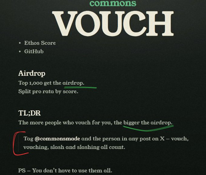 A promotional graphic for 'commons VOUCH' on a dark background explains an airdrop where the top 1,000 receive a split pro rata by score, with a TL;DR noting that tagging @commonsmade and others on X with 'vouch' or 'slash' counts.