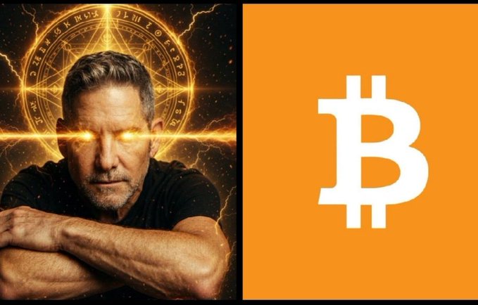 The image features a man sitting with his arms crossed against a black background, dressed in a black t-shirt. A large orange Bitcoin symbol is placed above him, contrasting with the dark backdrop. On the right side of the image, there's a description that includes the words "Bitcoin", " Billionaire Grant Cardone has added more than $17 million worth of Bitcoin to his holdings". The text indicates that the Bitcoin market is experiencing fear and panic, as major investors continue accumulating in droves. Despite this chaotic situation, retail investors appear to be taking advantage of the low prices by buying Bitcoins at a discounted rate.