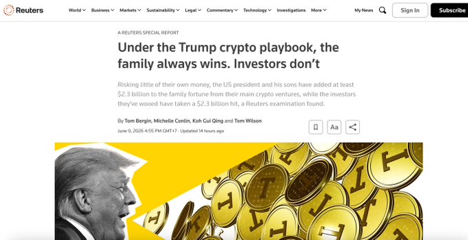 The image features a website called "reuters" with an article about Donald Trump's campaign for president. The title of the article is "Under the Trump Crypt Playbook, the Family Always Wins Investors Don't." This means that the article discusses the potential benefits and risks associated with investing in Trump's campaign against Hillary Clinton. The image also includes a meme featuring Donald Trump, which adds a humorous touch to the post.