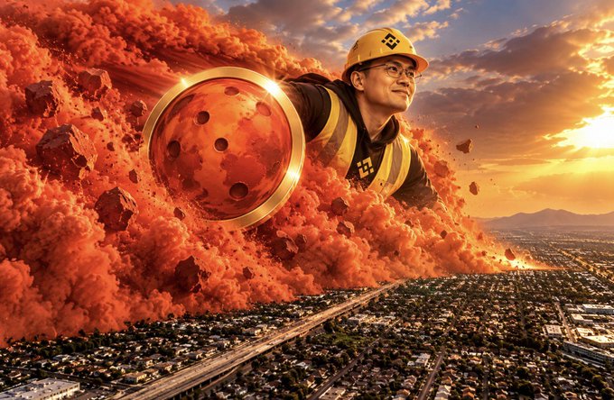 A massive orange dust cloud shaped like Binance's logo crashes over a cityscape, with a construction worker wearing a "CZ" hard hat emerging from the explosion. The image humorously illustrates the dramatic market impact whenever Binance founder Changpeng Zhao (@cz_binance) returns to posting on social media.