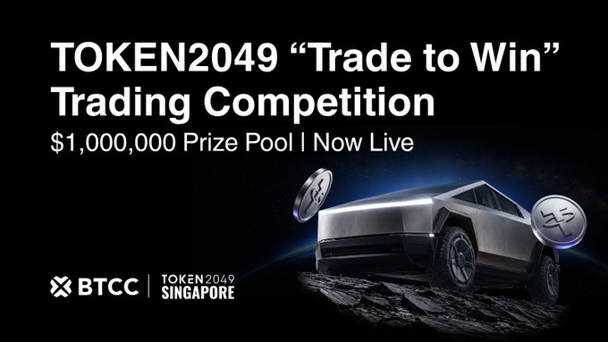 Promotional banner for BTCC's "Trade to Win" trading competition at TOKEN2049 Singapore, featuring a $1,000,000 prize pool with a Tesla Cybertruck and floating crypto tokens illustrated against a lunar surface backdrop.