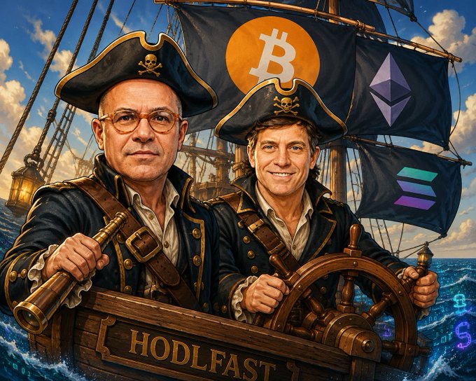Two men dressed in traditional pirate garb steer a wooden ship named "HODLFAST," with one holding a telescope and the other manning the ship's wheel, while sails above display the Bitcoin (₿), Ethereum (Ξ), and Solana logos. The image creatively frames the two "Chris" figures—likely Giancarlo (from @giancarloMKTS) and Chris Perkins (@perkinscr97)—as pirate captains navigating the crypto seas, symbolizing their adventurous push for public-private cooperation against bad actors in the digital asset space.