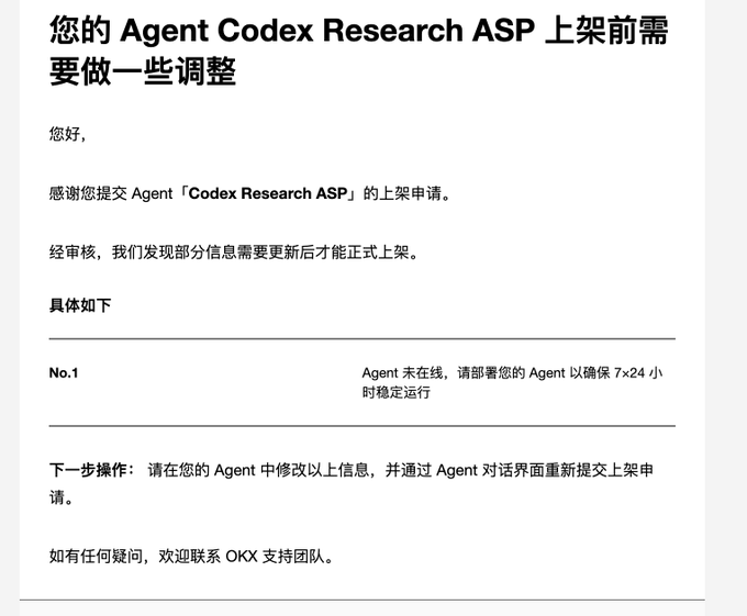 A Chinese-language notification from OKX support indicating that adjustments are needed before the 'Agent Codex Research ASP' can be listed, citing that the Agent is offline and needs to run 7x24 for stability.
