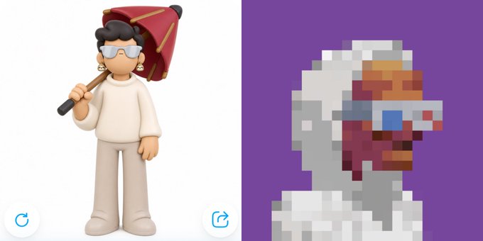 A side-by-side comparison showing a 3D-rendered figure of a character with white sunglasses and a red umbrella on the left, and a pixel art version of the same character on a purple background on the right.