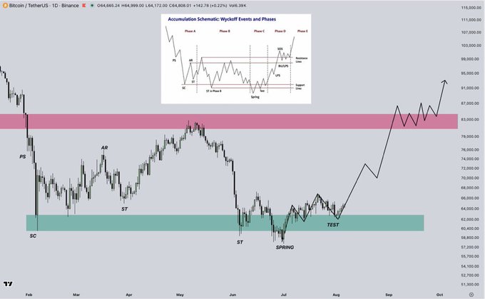 A daily Bitcoin/USDT chart on Binance showing price action between approximately $51,000 and $115,000, annotated with Wyckoff accumulation phases (PS, AR, SC, ST, Spring, Test) and an inset diagram of Wyckoff's accumulation schematic, with a drawn projection suggesting a potential move toward $91,000 after testing the $60,000-$63,000 support zone (highlighted in green) despite $MSTR selling pressure.
