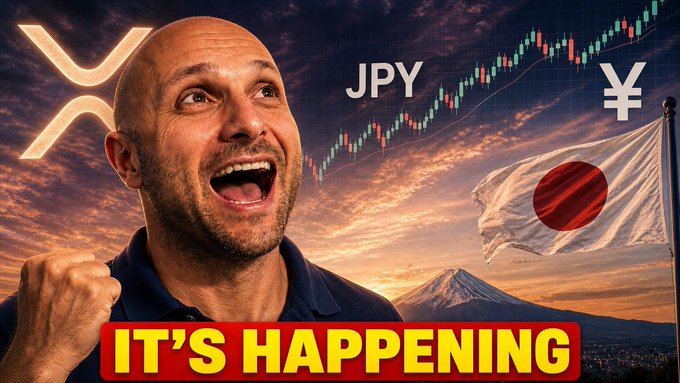 A man excitedly cheers beside the XRP logo, JPY text with a yen symbol, a candlestick chart trending upward, the Japanese flag, and Mount Fuji, while bold text reads "IT'S HAPPENING" — visually celebrating the XRP-Japan connection highlighted in the post about SBI's XRP infrastructure expansion and Japan-Korea blockchain cooperation.