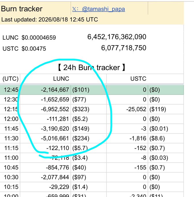 A cryptocurrency burn tracker screenshot from @tamashi_papa showing LUNC and USTC prices and 24-hour burn data, with the LUNC burn figures circled in cyan.