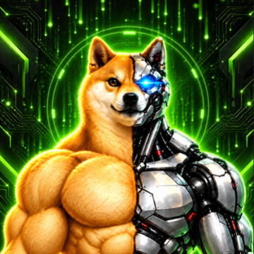 A digital artwork of a muscular Shiba Inu dog, half organic and half robotic, with the robotic side featuring metallic armor and a glowing blue eye, set against a green matrix-style background.