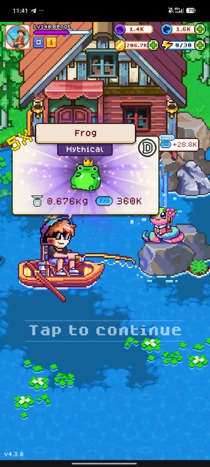 In this image, a screenshot of an iPhone screen displays a video game tutorial for a cartoon called "Fishing Frenzy Co". The player's character, who resembles a girl, is shown standing on a boat near some rocks. A frog has been caught by her in the game and is being used as a power-up or magic item. There are also hints of other characters present, possibly indicating a multiplayer aspect to the game. The image does not provide any text or context about daily life activities related to this video game.