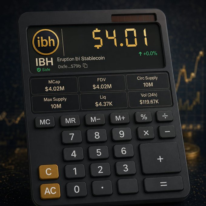A calculator displaying cryptocurrency token information for 'IBH' (Eruption IBH Stablecoin) priced at $4.01, showing a market cap of $4.02M and circulating supply of 10M.