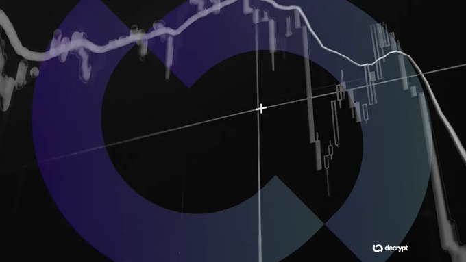 A crypto market chart with candlesticks overlaid on a dark blue circular logo with 'decrypt' watermark in the corner.