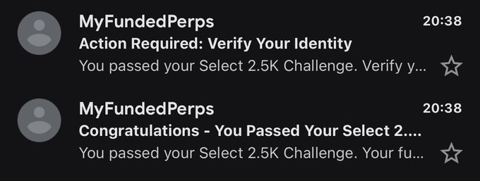 Two notifications from MyFundedPerps at 20:38 announce that the user passed their Select 2.5K Challenge, directly corresponding to the post about unexpectedly receiving a $2,500 funded account while logging in to read the FAQ.