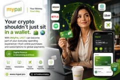 A Mypal advertisement promoting crypto wallet services with a free sign-up offer, featuring a smiling woman holding a phone, alongside pricing details ($3,189.00), a 4.5-star rating, and a satisfaction guarantee badge. The image appears unrelated to the post about the White House reviewing the Crypto Clarity Act.