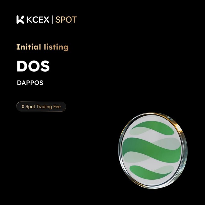 KCEX Spot announces the initial listing of DOS (DAPPOS) with 0 Spot Trading Fee, featuring the project's green circular logo against a black background.