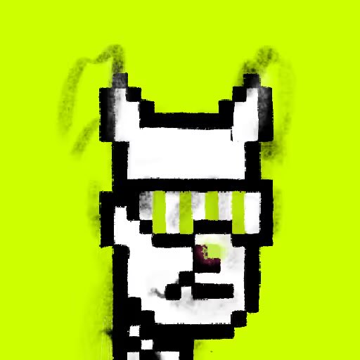 A pixel-art skull with pigtails and a striped visor set against a bright neon green background.