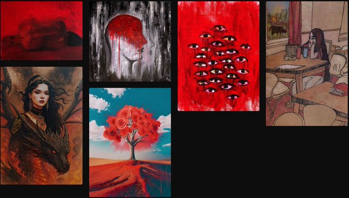 A grid of six digital artworks showcases the featured pieces from the Ephemera Crimson exhibition, each capturing the theme's intense, fleeting nature through bold red tones—from a solitary figure on crimson dunes and a profile dripping with red, to a field of watchful eyes, a dragon-bonded maiden, and a contemplative scene at a window. The cohesive crimson palette across all pieces reflects the "fleeting, intense, and crimson" challenge issued by @AntrumArtSpace, highlighting the evocative works by @KianaAura and @maneli_artwo.