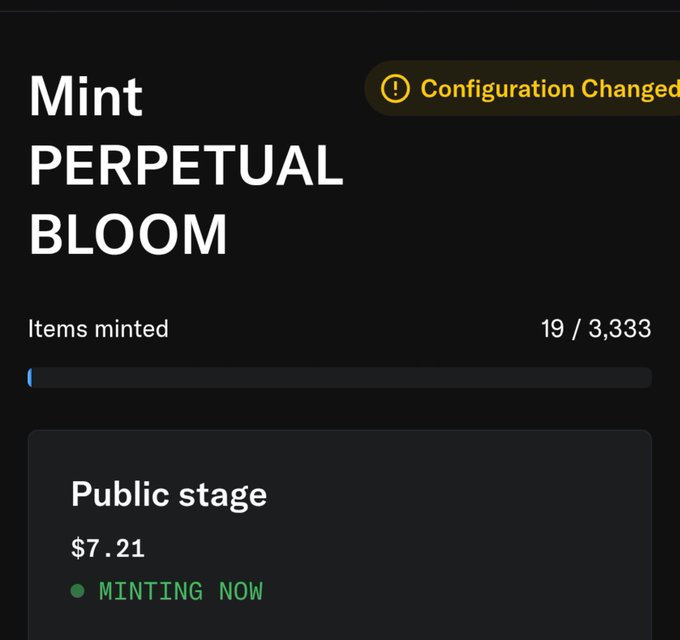 A 'Mint PERPETUAL BLOOM' interface showing 19/3,333 items minted with a Public stage priced at $7.21 marked 'MINTING NOW'.