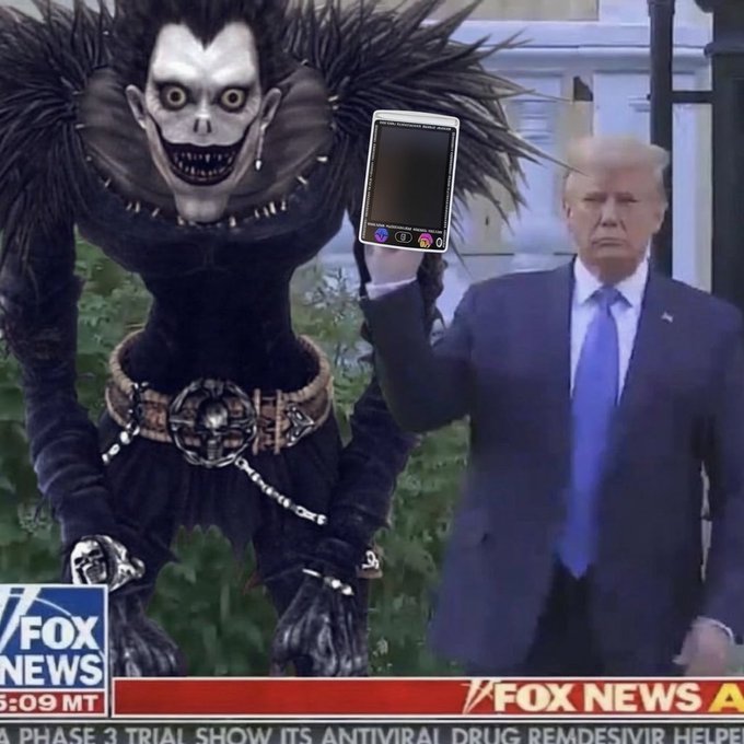 A surreal composite image showing the anime character Ryuk from Death Note standing next to Donald Trump, who is holding up a smartphone, overlaid on a Fox News broadcast screenshot.