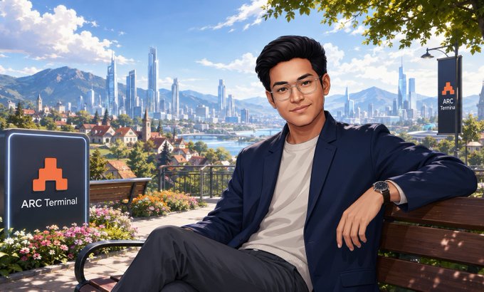 A stylized digital illustration shows a man wearing glasses and a navy blazer sitting on a bench with 'ARC Terminal' signage, set against a scenic cityscape with mountains and futuristic skyscrapers.