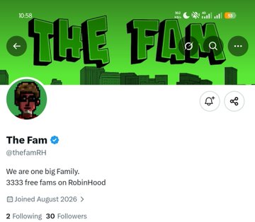 A Twitter/X profile page for 'The Fam' (@thefamRH) with bio text 'We are one big family. 3333 free fams on RobinHood', joined August 2026, showing 2 Following and 30 Followers.