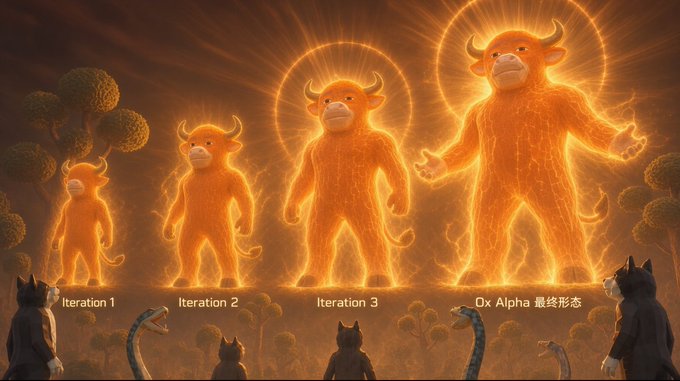 A dramatic digital illustration showing the progression of "Ox Alpha" through four increasingly larger and more powerful glowing bull-like figures, labeled "Iteration 1," "Iteration 2," "Iteration 3," and "Ox Alpha 最终形态" (Ox Alpha Final Form), watched from below by smaller silhouetted animals, visually representing the AI's rapid and observable growth in strength and intelligence as described in the post.