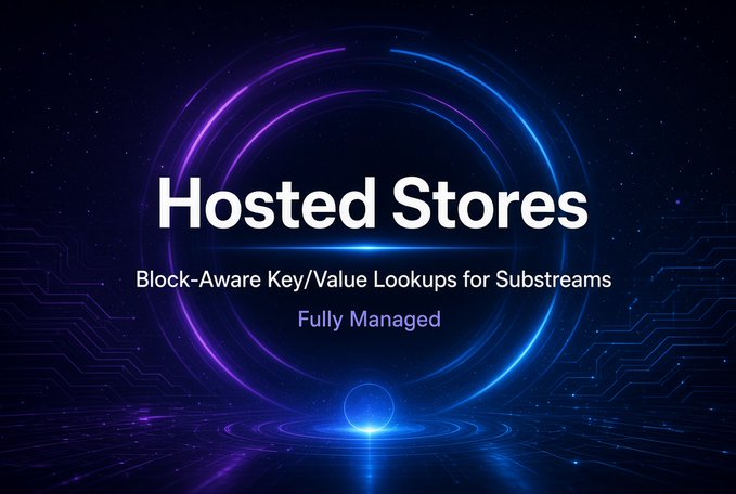 The image is a stylized promotional graphic for "Hosted Stores" — a feature from StreamingFast that provides block-aware key/value lookups for Substreams modules as a fully managed service. Its glowing circular tech design visually reinforces the post's message about enabling efficient, real-time data retrieval mid-stream without redundant recomputation, aligning with the "just keeps improving" theme of ongoing infrastructure enhancements.