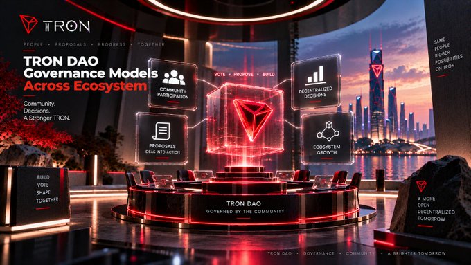 A futuristic digital advertisement for 'TRON DAO' showcasing 'Governance Models Across Ecosystem' with holographic panels displaying Community Participation, Decentralized Decisions, Proposals, and Ecosystem Growth around a central TRON logo.