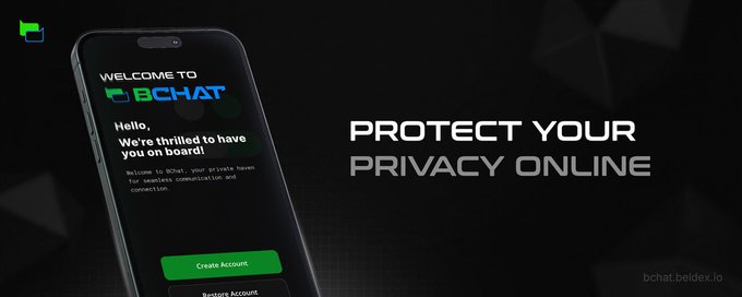 A promotional banner for BChat displaying a smartphone interface with a welcome message and 'Create Account' button, alongside the tagline 'PROTECT YOUR PRIVACY ONLINE' and the URL bchat.beldex.io.