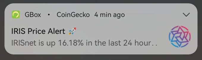 A notification from GBox via CoinGecko displaying an 'IRIS Price Alert 🚀' noting that 'IRISnet is up 16.18% in the last 24 hour'.