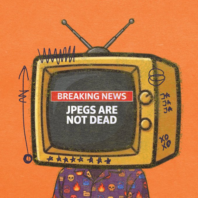 An illustration on an orange background showing a yellow retro television set with antennae, displaying a 'BREAKING NEWS' banner that reads 'JPEGS ARE NOT DEAD', worn by a figure in a patterned shirt.