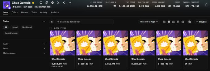 A screenshot of the Chog Genesis NFT marketplace showing multiple listings at approximately 8,850 MON, with a floor price of 8,850 MON and 1,398 items listed.