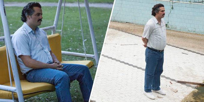The image shows Pablo Escobar (played by Wagner Moura from the Netflix series "Narcos") sitting on a swing set and standing pensively, capturing his contemplative moments in the show, reflecting the post's comment about everyone in Connecticut relating to him.