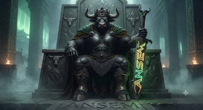 A fantasy illustration shows a minotaur king in dark armor sitting on a stone throne holding a large sword inscribed with the name 'ANSEM', with the name also etched into the floor below.