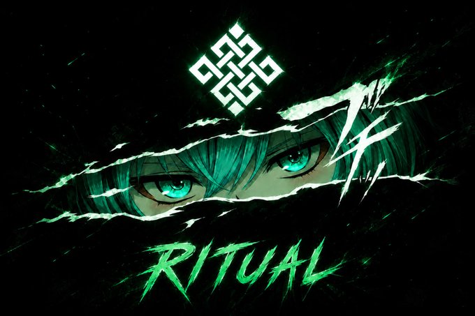 Dark green digital artwork featuring anime-style green eyes peering through a torn/ripped effect, with the text 'RITUAL' at the bottom and a geometric symbol at the top.