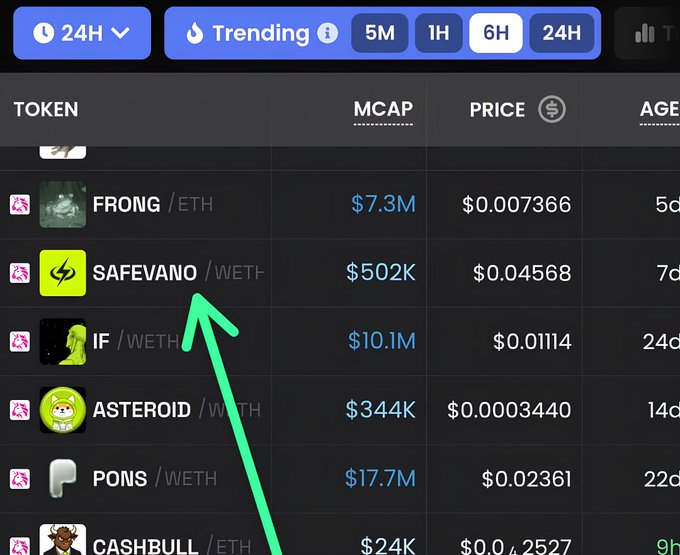 A screenshot of a cryptocurrency tracking website showing trending tokens with 'SAFEVANO/WETH' highlighted by a green arrow, alongside other tokens like FRONG, IF, ASTEROID, PONS, and CASHBULL.