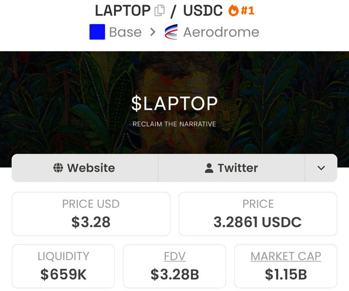 The image shows a cryptocurrency trading page for the $LAPTOP/USDC token pair on Aerodrome (Base), displaying a price of $3.28, liquidity of $659K, market cap of $1.15B, and FDV of $3.28B, with the token's tagline "RECLAIM THE NARRATIVE." The page represents the trading token tied to the referenced post about Hunter Biden's claims regarding media celebrities.
