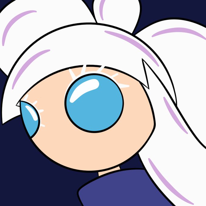 A close-up cartoon illustration of a character's face with white hair, large blue eyes with star-shaped highlights, and a blue outfit against a dark background.