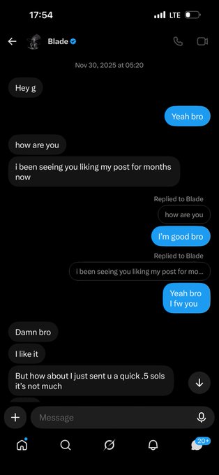 A direct message conversation on Instagram between the user and "Blade" dated November 30, 2025, where the user thanks Blade for sending 0.5 SOL after months of liking his posts, to which Blade responds affectionately with "Yeah bro I fw you."