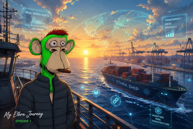 An illustrated green monkey smoking a cigar in a black puffer jacket stands on a deck overlooking a container ship labeled 'ETHRA SHIP', with holographic text reading 'REAL WORLD ASSETS ON CHAIN', 'TRANSPARENCY DATA EFFICIENCY', and 'MARITIME RWA INFRASTRUCTURE', and 'My Ethra Journey EPISODE 1' at the bottom.
