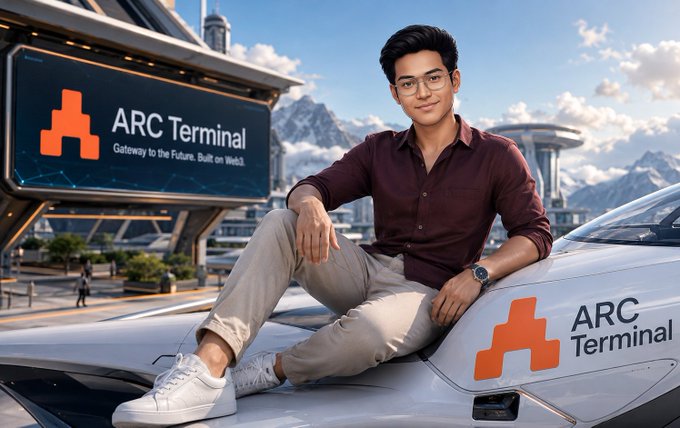 A promotional image featuring a young man sitting on a white car branded with the ARC Terminal logo, with the tagline 'Gateway to the Future. Built on Web3.'
