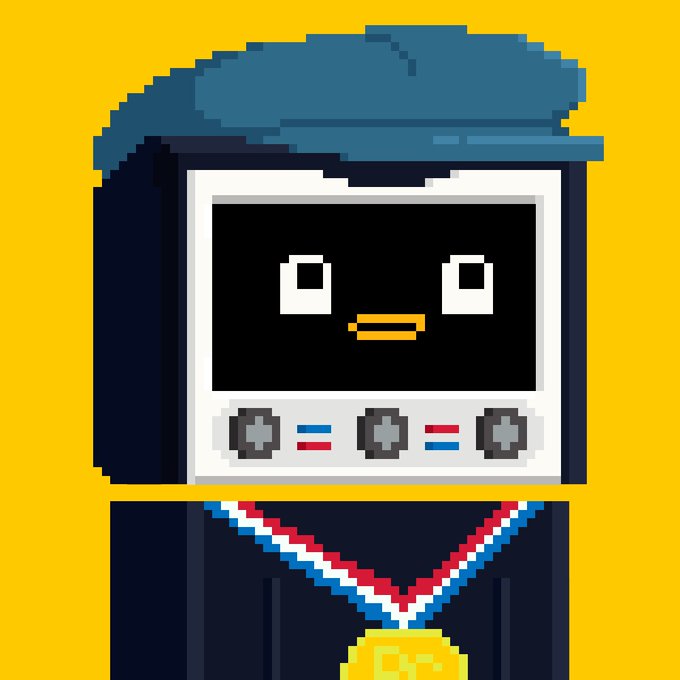A pixel art character with a CRT monitor for a head, wearing a blue cap and a gold medal on a yellow background, representing an athlete-themed NFT. The medal aligns with the post celebrating a 1/1 NFT from @zecvisions and anticipation for mint day.