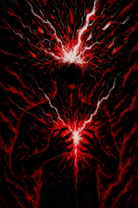 An abstract digital artwork with intense red and black swirling patterns radiating outward from bright central points, resembling chaotic energy or veins.