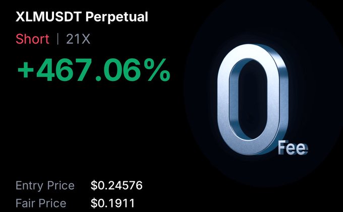 The image shows a black background with a silver number 0 in the center of the frame. The text "XLMUSDT PERTURAL Short 21X" is displayed above the number, indicating that this is an advertisement for short trading on the cryptocurrency market.